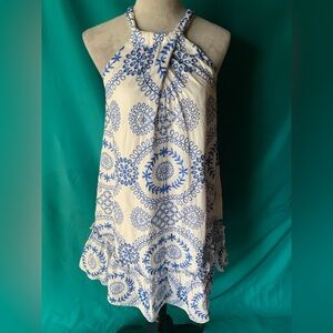 Trina Turk Kori Halter Dress w/Blue Pinwheel Eyelet Embroidery